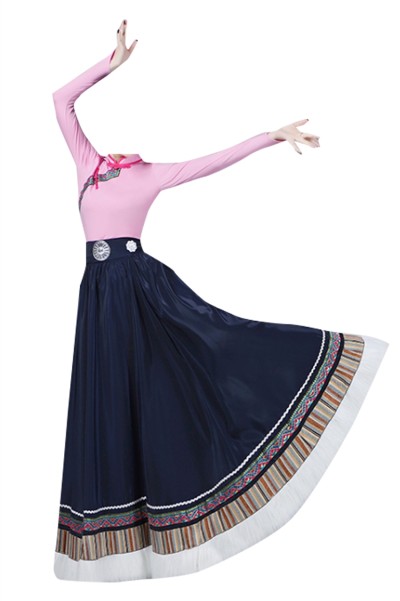 Design Tibetan dance costume skirt, custom-made big swing skirt performance costume, women's top jumpsuit, Tibetan practice clothing, art test ethnic style, Tibetan performance costume SKDO020 front view